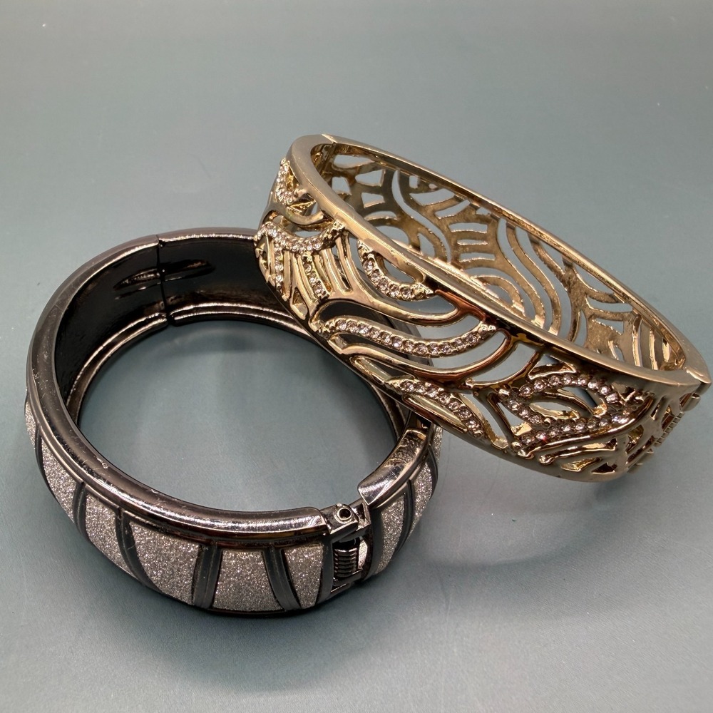 2pc Hinged Bangle Bracelet Lot Gold Tone Rhinestone Gunmetal Glitter Statement
